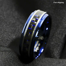 Load image into Gallery viewer, 8mm Blue Tungsten Ring Black and Blue Carbon Fiber Wedding Band  Men jewelry
