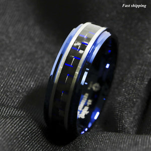 8mm Blue Tungsten Ring Black and Blue Carbon Fiber Wedding Band  Men jewelry