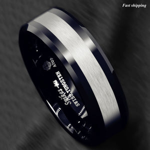 8mm Tungsten Carbide Ring Classic Black Silver Brushed Wedding Band