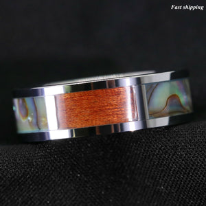 8mm Silver Tungsten Ring Koa Wood Abalone Inlay  Wedding Band Men's Jewelry