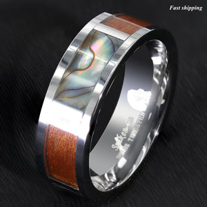 8mm Silver Tungsten Ring Koa Wood Abalone Inlay  Wedding Band Men's Jewelry