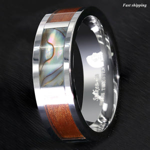 8mm Silver Tungsten Ring Koa Wood Abalone Inlay  Wedding Band Men's Jewelry