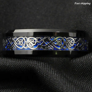 8mm Blue Black Silvering Celtic Dragon Tungsten Carbide Ring  Men's Jewelry