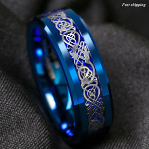 8mm Blue Black Silvering Celtic Dragon Tungsten Carbide Ring  Men's Jewelry