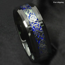 Load image into Gallery viewer, 8mm Blue Black Silvering Celtic Dragon Tungsten Carbide Ring  Men&#39;s Jewelry
