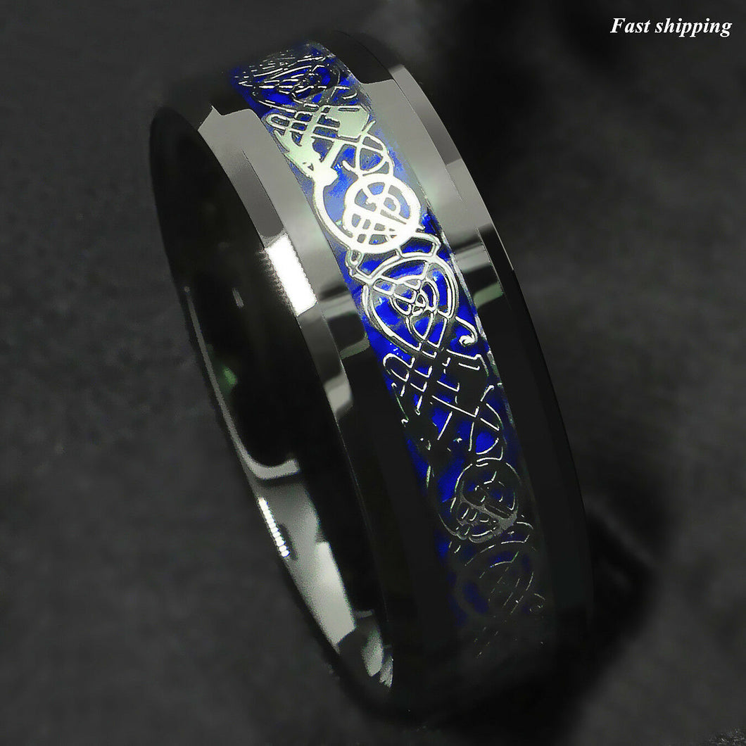 8mm Blue Black Silvering Celtic Dragon Tungsten Carbide Ring  Men's Jewelry