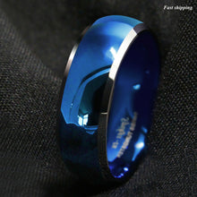 Load image into Gallery viewer, 8mm Men&#39;s Tungsten Ring Blue Domed with Beveled Silver Edges Band
