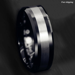 8mm Tungsten Carbide Ring Classic Black Silver Brushed Wedding Band