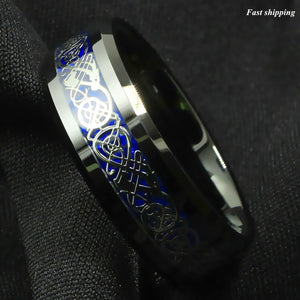 8mm Blue Black Silvering Celtic Dragon Tungsten Carbide Ring  Men's Jewelry