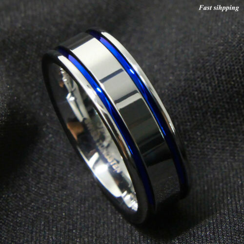 8mm Tungsten Carbide ring Men's Double Blue Stripe Wedding Band Ring Comfort Fit